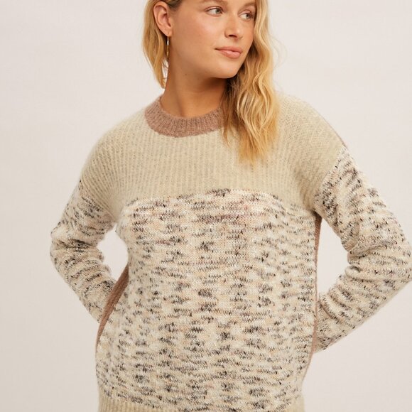 HEM & THREAD Colorblock Knit Sweater, Neutral Beige Brown Multi, Soft Cozy - Picture 6 of 10